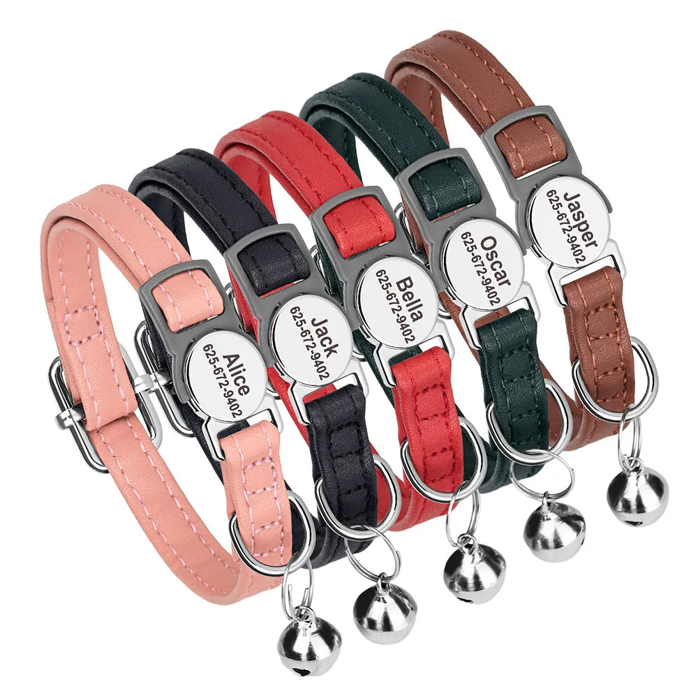 Personalized Leather Cat & Small Dog Collar – Adjustable Breakaway Safety Collar with Bell (20–30cm)