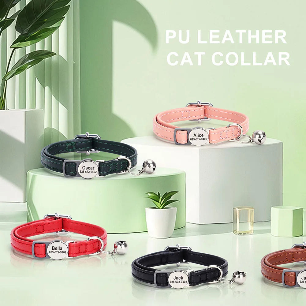 Personalized Leather Cat & Small Dog Collar – Adjustable Breakaway Safety Collar with Bell (20–30cm)