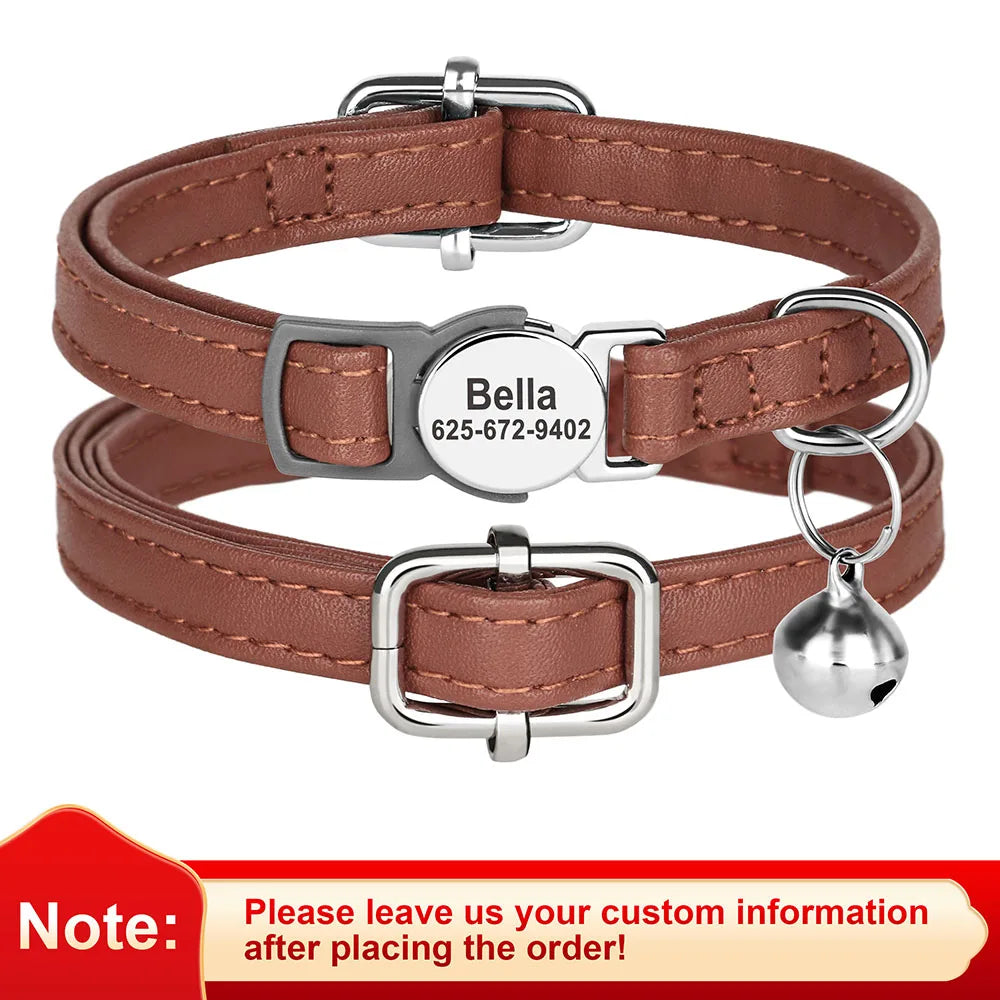Personalized Leather Cat & Small Dog Collar – Adjustable Breakaway Safety Collar with Bell (20–30cm)