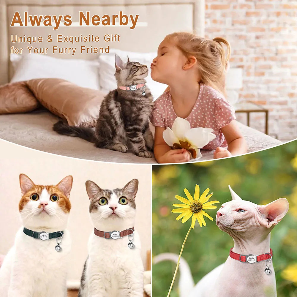 Personalized Leather Cat & Small Dog Collar – Adjustable Breakaway Safety Collar with Bell (20–30cm)