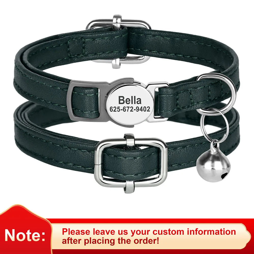 Personalized Leather Cat & Small Dog Collar – Adjustable Breakaway Safety Collar with Bell (20–30cm)