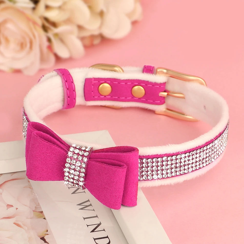 Bling Bowknot Dog Collar – Adjustable Rhinestone Puppy & Cat Collar, Soft Velvet Leather Pet Necklace for Small & Medium Dogs