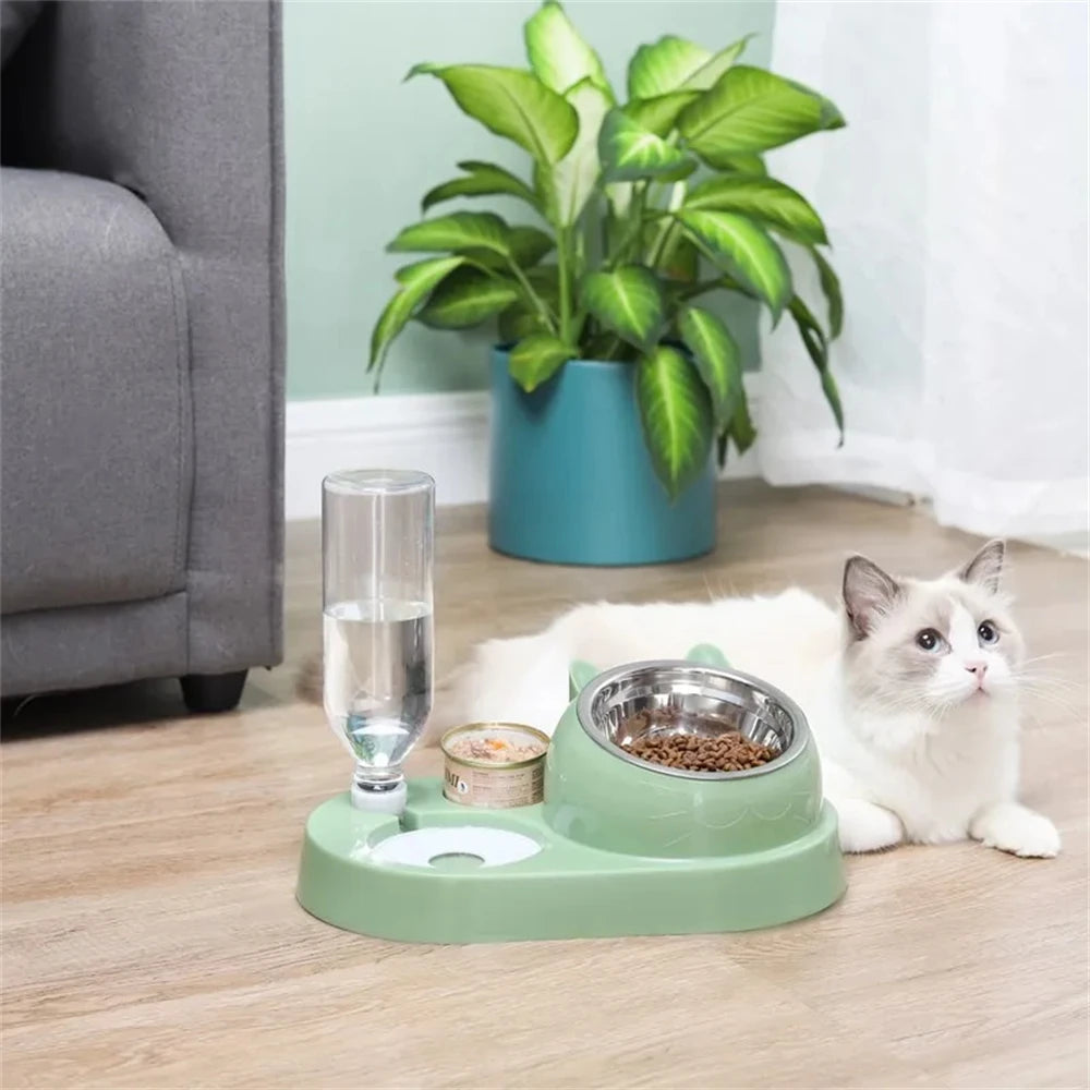 Elevated Cat & Dog Bowl Set with Automatic Water Dispenser – 3-in-1 Tilted Stainless Steel Pet Feeding Station, Spill-Proof & Ergonomic Design