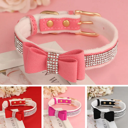 Bling Bowknot Dog Collar – Adjustable Rhinestone Puppy & Cat Collar, Soft Velvet Leather Pet Necklace for Small & Medium Dogs
