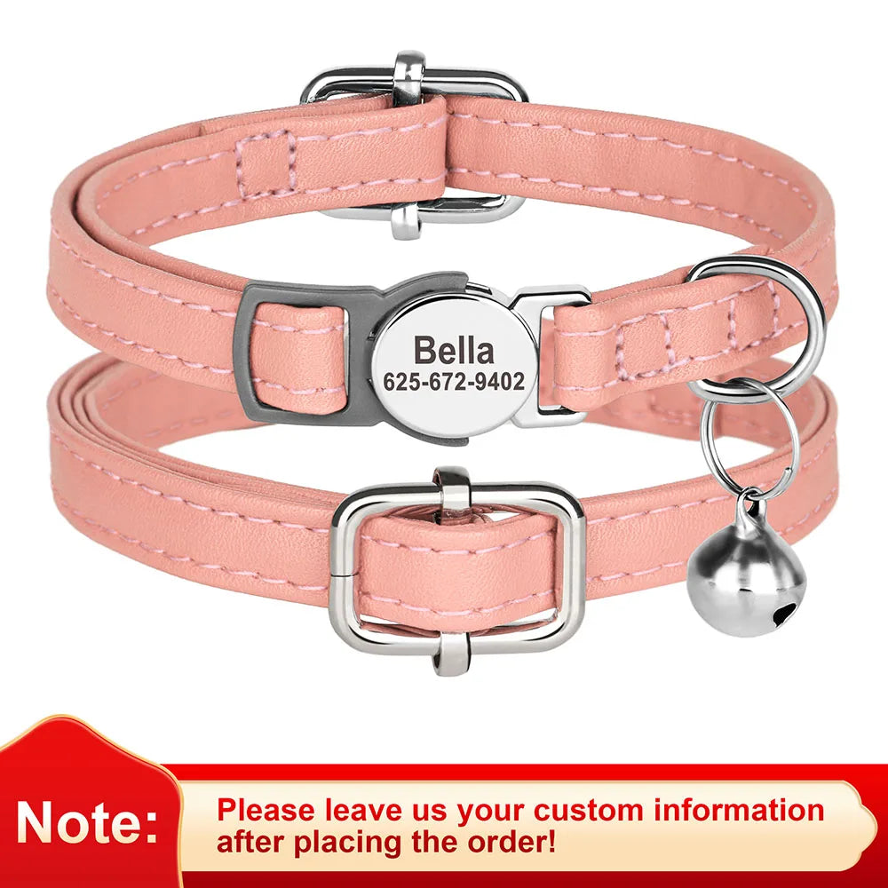 Personalized Leather Cat & Small Dog Collar – Adjustable Breakaway Safety Collar with Bell (20–30cm)