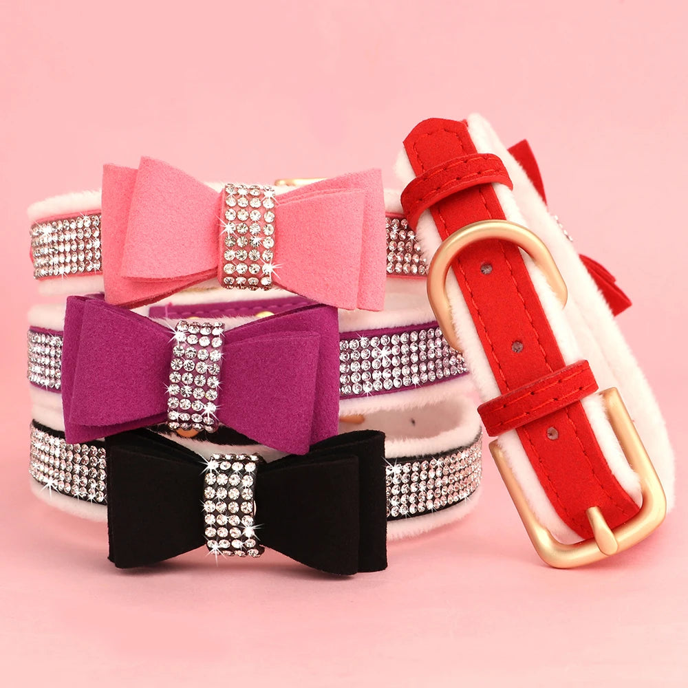 Bling Bowknot Dog Collar – Adjustable Rhinestone Puppy & Cat Collar, Soft Velvet Leather Pet Necklace for Small & Medium Dogs