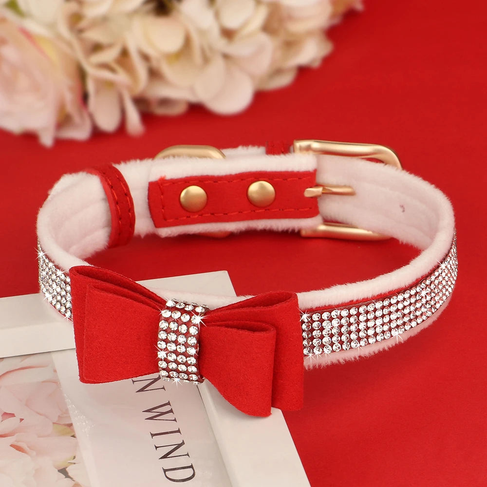 Bling Bowknot Dog Collar – Adjustable Rhinestone Puppy & Cat Collar, Soft Velvet Leather Pet Necklace for Small & Medium Dogs