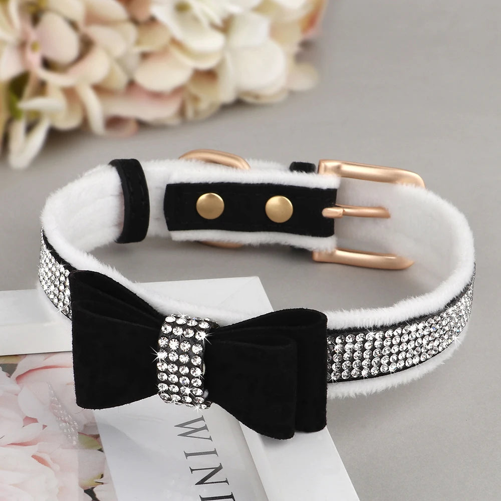 Bling Bowknot Dog Collar – Adjustable Rhinestone Puppy & Cat Collar, Soft Velvet Leather Pet Necklace for Small & Medium Dogs