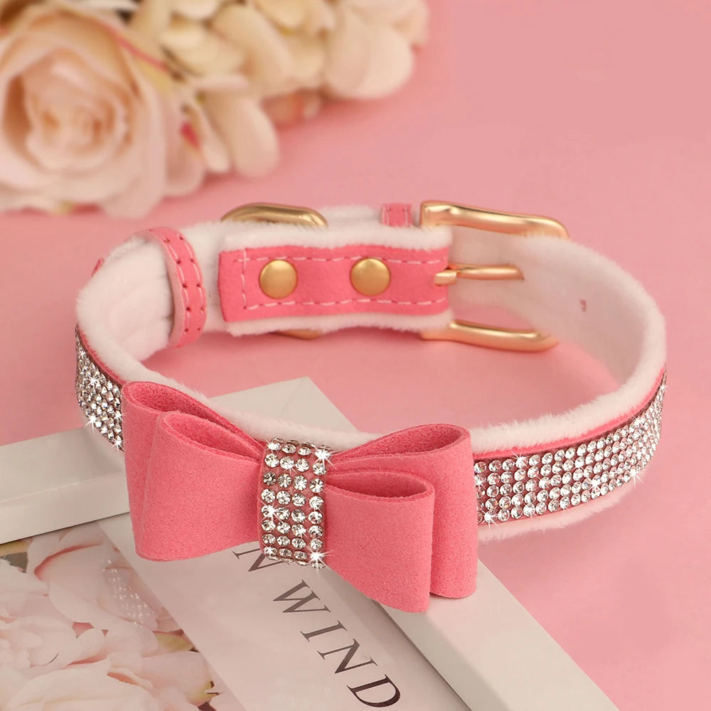 Bling Bowknot Dog Collar – Adjustable Rhinestone Puppy & Cat Collar, Soft Velvet Leather Pet Necklace for Small & Medium Dogs