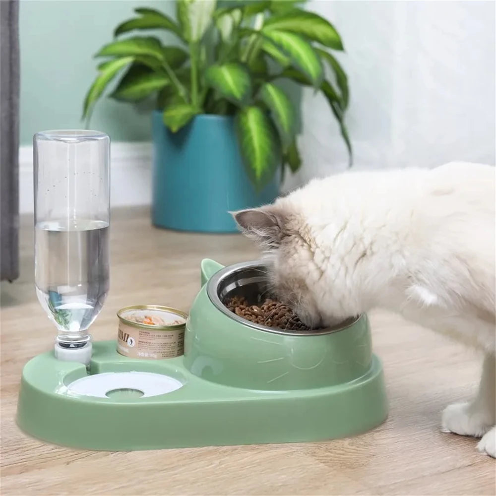 Elevated Cat & Dog Bowl Set with Automatic Water Dispenser – 3-in-1 Tilted Stainless Steel Pet Feeding Station, Spill-Proof & Ergonomic Design