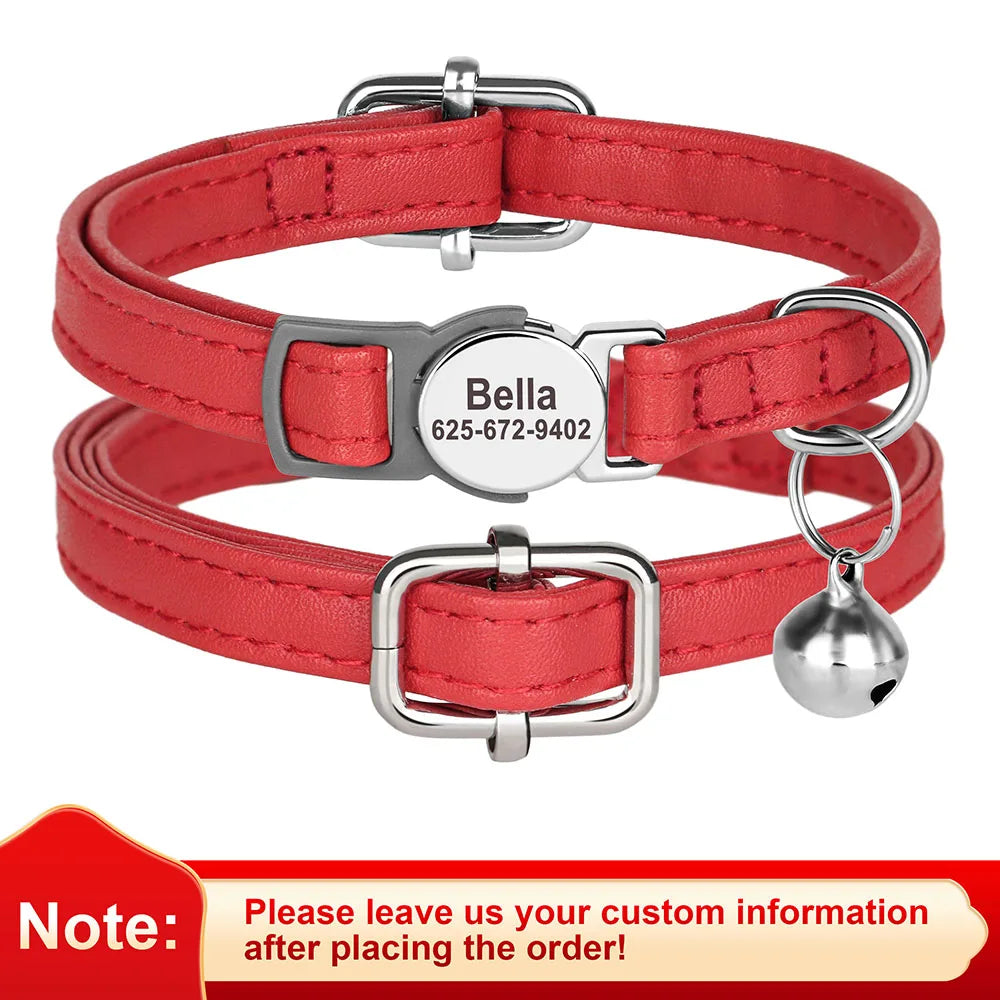Personalized Leather Cat & Small Dog Collar – Adjustable Breakaway Safety Collar with Bell (20–30cm)