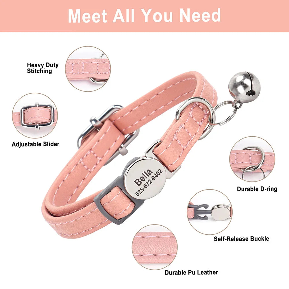 Personalized Leather Cat & Small Dog Collar – Adjustable Breakaway Safety Collar with Bell (20–30cm)