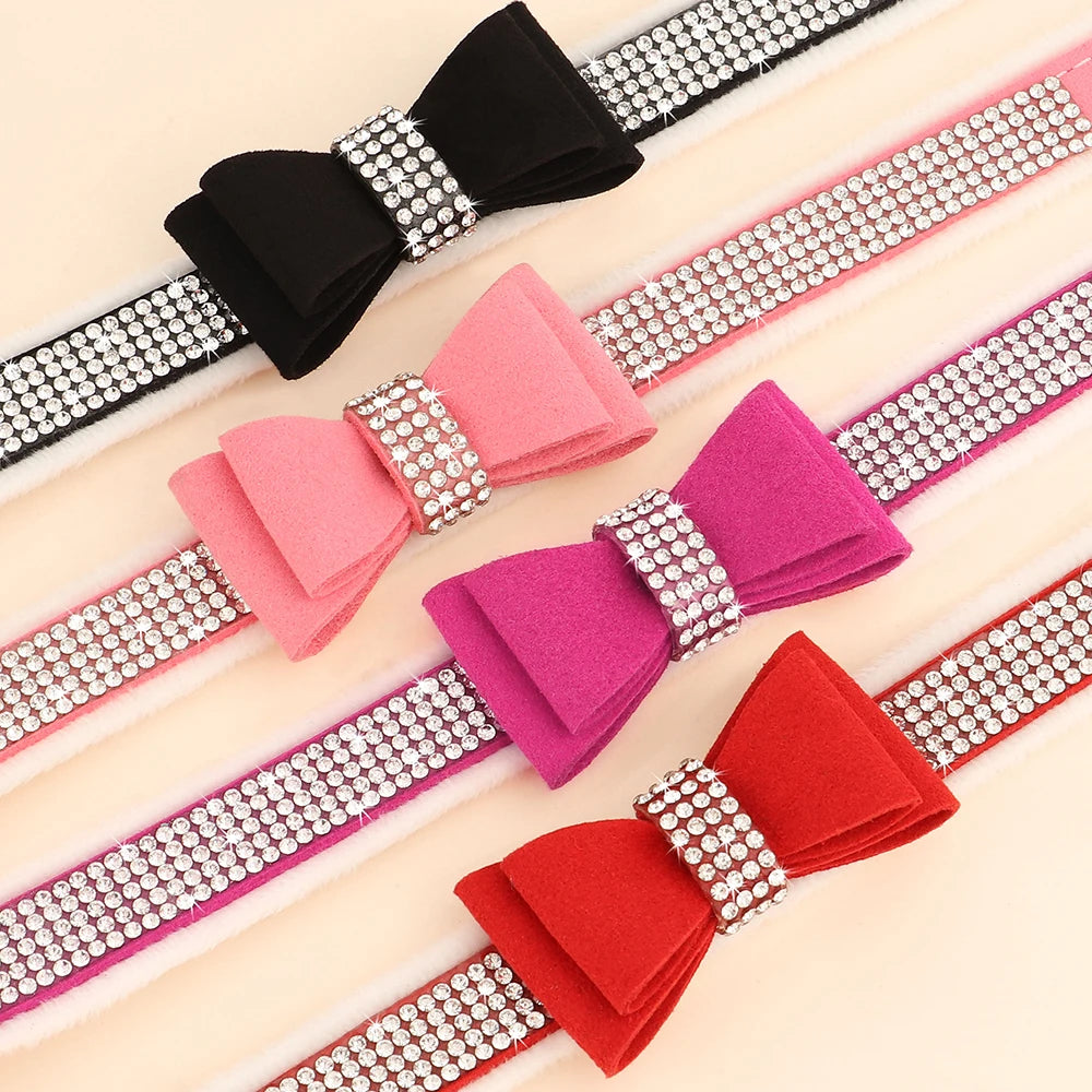 Bling Bowknot Dog Collar – Adjustable Rhinestone Puppy & Cat Collar, Soft Velvet Leather Pet Necklace for Small & Medium Dogs