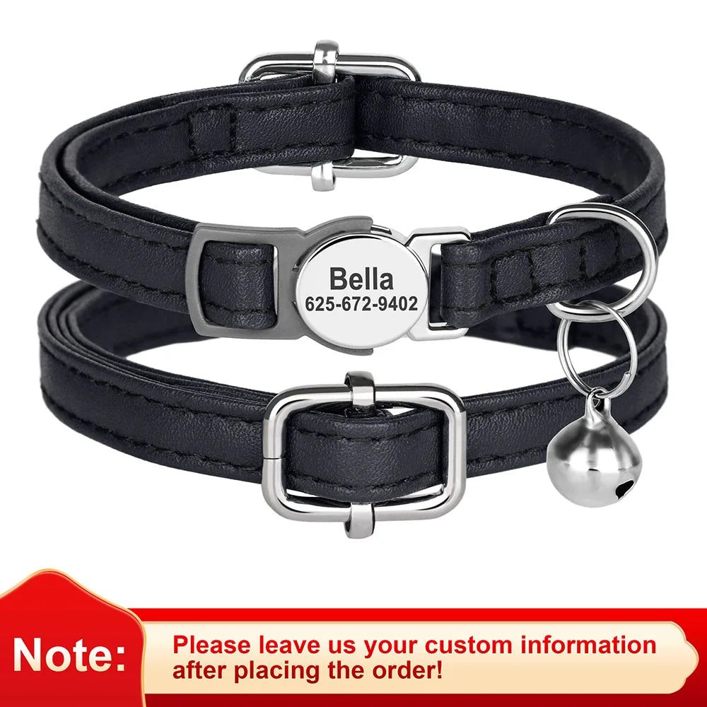 Personalized Leather Cat & Small Dog Collar – Adjustable Breakaway Safety Collar with Bell (20–30cm)
