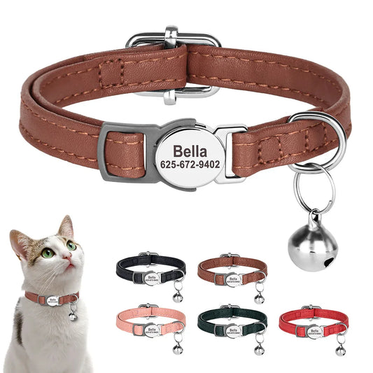 Personalized Leather Cat & Small Dog Collar – Adjustable Breakaway Safety Collar with Bell (20–30cm)